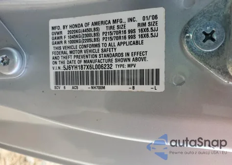2006 Honda Element Ex from USA, damaged, VIN 5J6YH187X6L006232